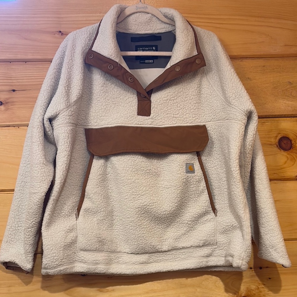 Carhartt Cozy White Sherpa Pullover with Brown Accents